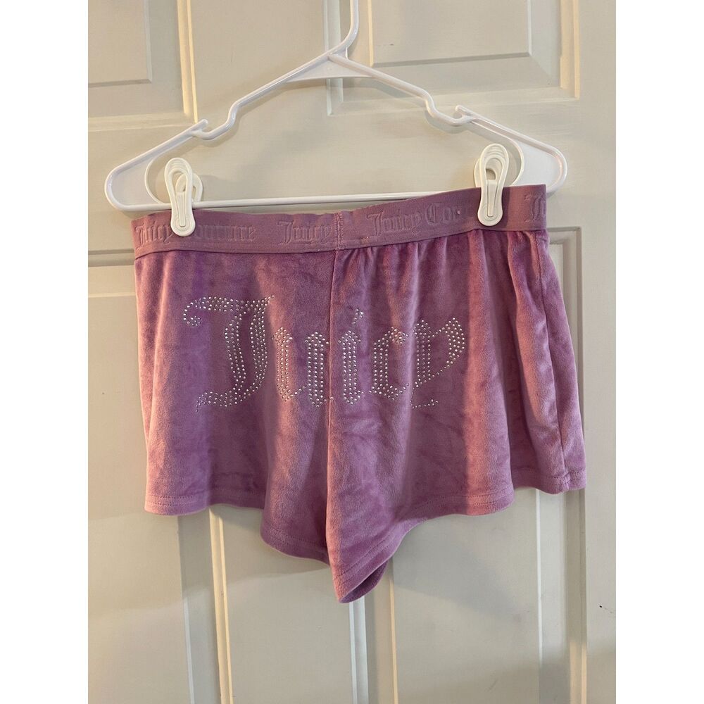 Juicy Couture Pink Rhinestone Bedazzled Fleece Pajama Lounge Shorts Plush L Y2K